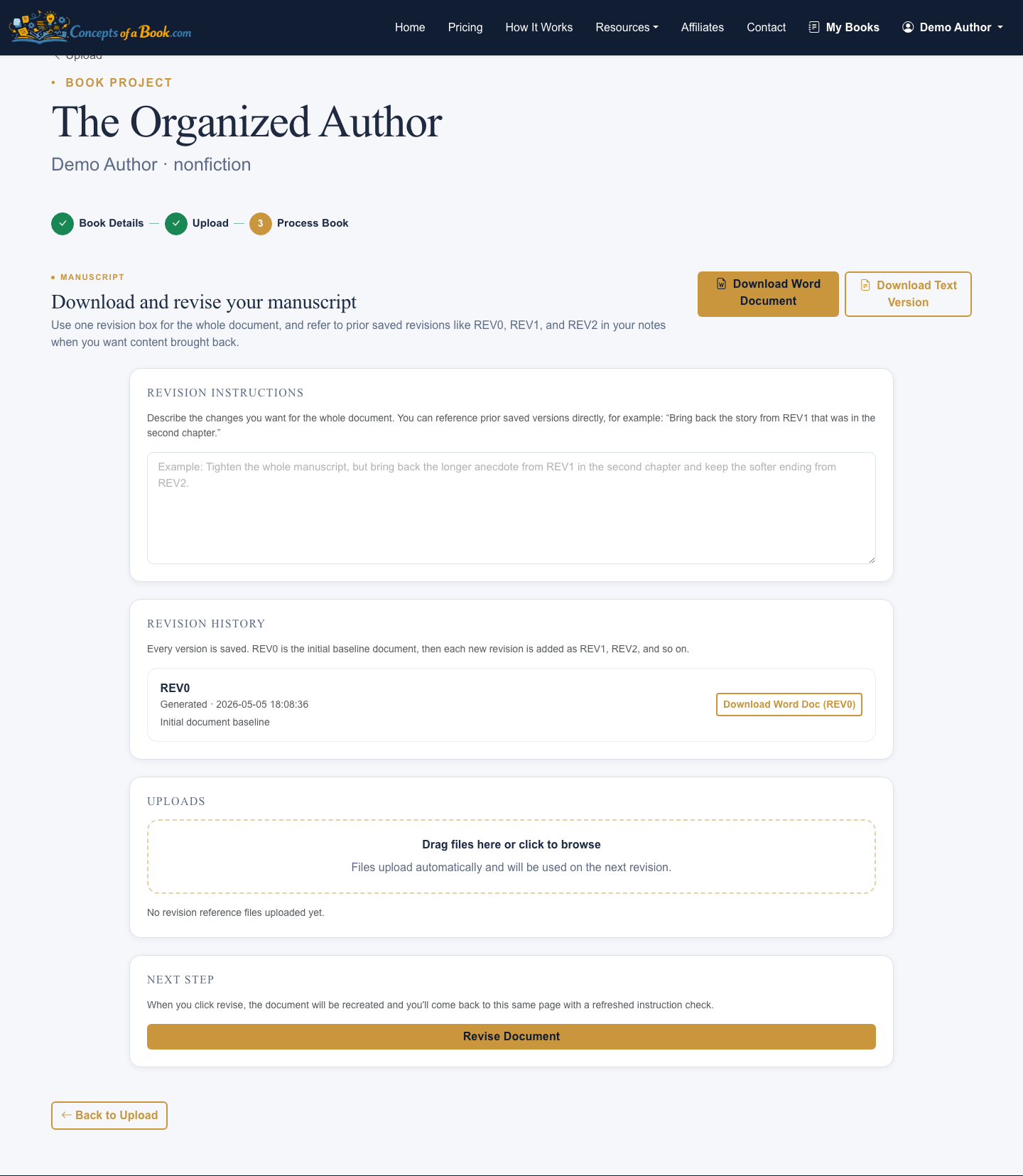 Check each chapter title, number, and draft status.