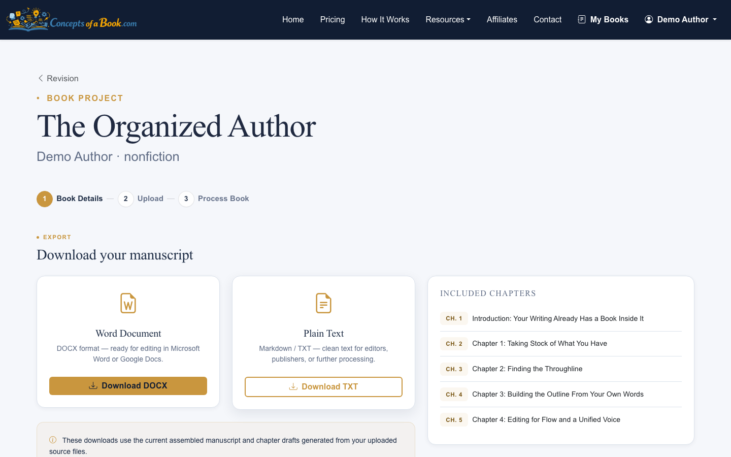 Export the structured manuscript when the outline is ready.