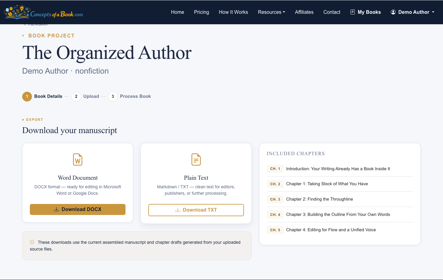Download DOCX, plain text, or revision snapshots.