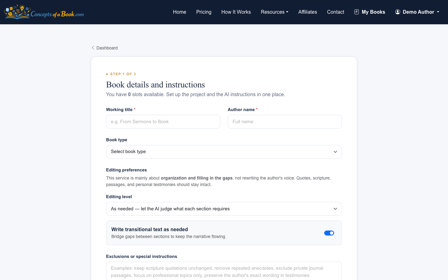 Start a new project with book context and editing preferences.